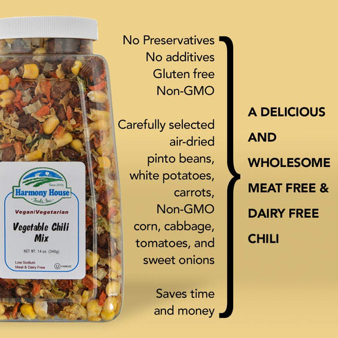 (12.5 oz. Harmony House Plain Vegetable Chili Mix Gluten Free, Low Sodium, For Cooking, Camping, Emergency Supply