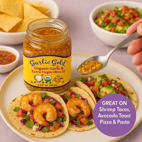 6.4 oz Garlic Gold Organic Toasted Garlic Granules in Extra Virgin Olive Oil, Crunchy Garlic in Olive Oil, Glass Jar