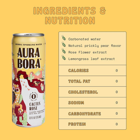 12 oz (Pack 12), 0 0 0 Aura Bora, Cactus Rose Herbal Sparkling Water, Can of Calories, Sugar, Sodium, Non-GMO