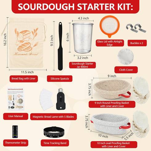 TKVAZK 9" 10" Sourdough Starter Kit, Bread Baking Supplies with Sourdough Jar Round & Oval Proofing Basket Magnetic