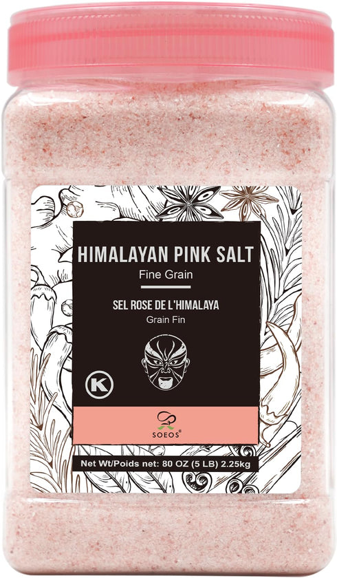 Soeos Himalayan Pink Salt, Fine Grain, 80oz (5 Pound), Non-GMO Himalayan Salt,