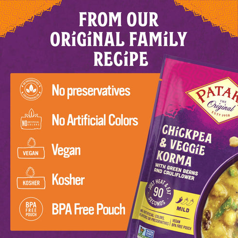 10.5oz (Pack 3) Pataks Chickpea & Veggie Korma - Mild Creamy Coconut Based Indian Curry with Chickpeas, Green Beans