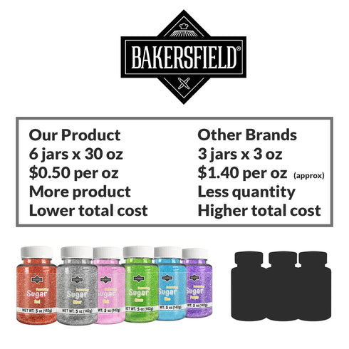 Set 6 5 oz 1 1 1 1 1 1 Bakersfield Gourmet Colored Sugar Each bottle contains - Red, Pink, Blue, Silver, Purple Green.