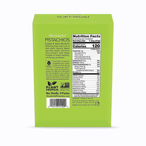 Wonderful Pistachios No Shells, Roasted & Salted Nuts, 0.75 Ounce Bag (Pack of 9), Gluten Free Protein Snacks,