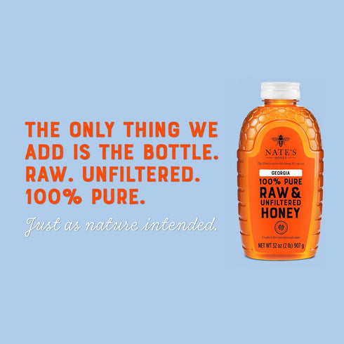 100% 32 oz. Nate's Georgia Pure, Raw & Unfiltered Honey, Squeeze Bottle - All-natural Sweetener