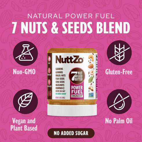 7 12 oz NuttZo Natural Power Fuel Nuts and Seeds Butter, Crunchy, Paleo and Keto Friendly, Peanut and Gluten Free