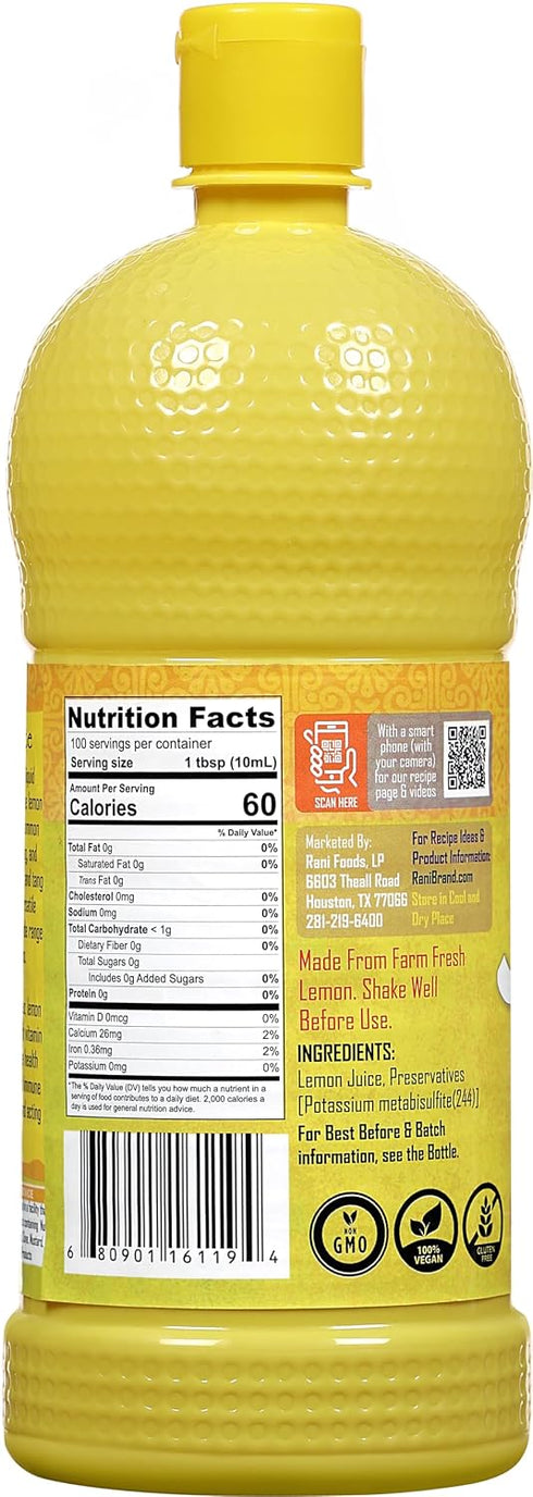 33.8oz (1Litre) Rani Lemon Juice Vegan ~ Gluten Free | NON-GMO | Kosher | No Colors | Indian Origin