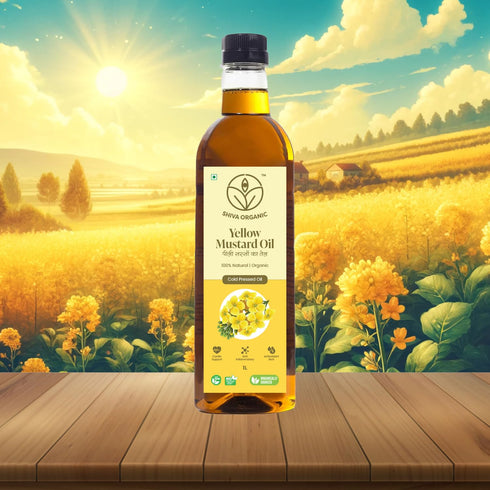 100% 1L (33.8 oz) Shiva Organic Cold-Pressed Yellow Mustard Oil - Natural, Certified Organic - fl for Cooking, Massage