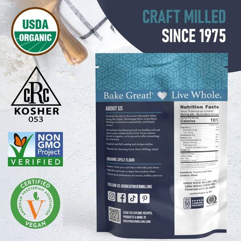 5 Lb Great River Milling Organic Spelt Flour | Whole Grain Ancient Wheat Flour | USDA Organic, Non-GMO, Kosher | High