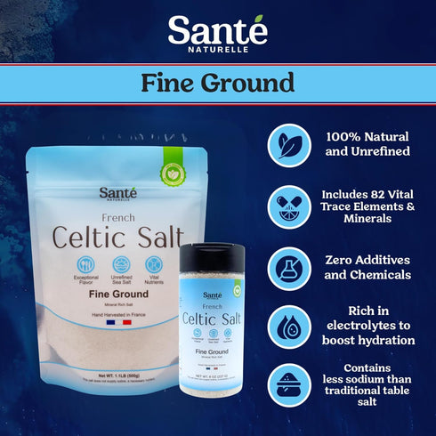 8oz 1.1lb (18oz) Sante Naturelle Celtic Salt Organic Fine Ground Bundle Shaker & Bag Unrefined Organic French Mineral
