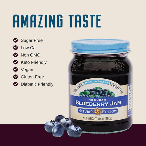 10oz Nature's Hollow Blueberry Jam: Sugar Free Jam and Preserves, Low Cal, Non GMO, Keto Jam, Vegan, Gluten Free