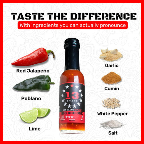13 1 5oz Big Red One Medium Hot Sauce by Stars | Flavor & Heat | Everyday Flavor with Poblano, Red Jalapenos, and our