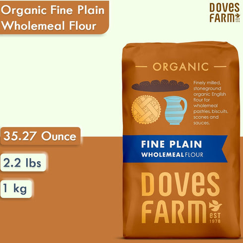 1Kg Doves Farm Organic Fine Plain Wholemeal Flour | | Perfect for Wholesome Baking and Cooking | Sustainably Sourced