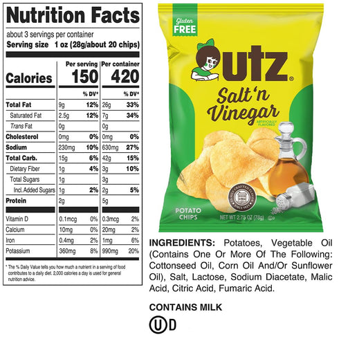 2.75 oz (14 Count) Pack Utz Salt n Vinegar Potato Chips Bags Bold and Tangy Flavor with Signature Crunch Snack
