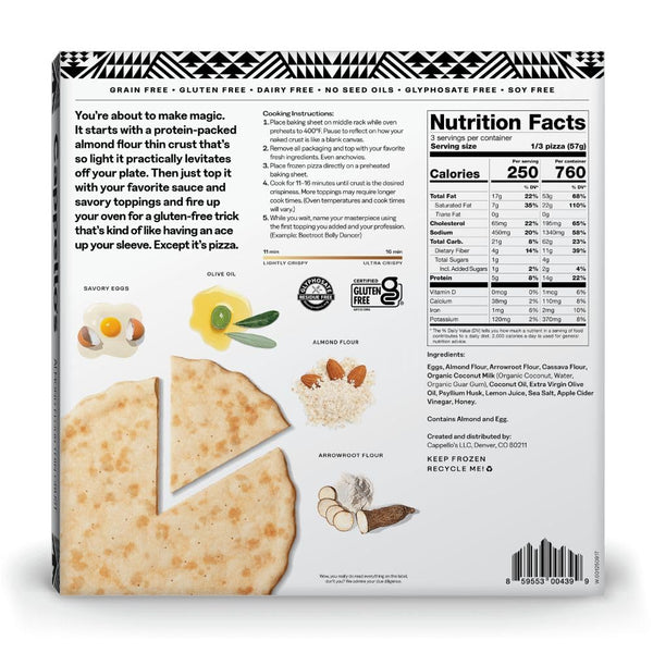 Frozen 6oz Cappello's Gluten Free Almond Flour Thin Crust Naked Pizza