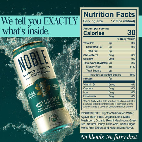 12 OZ., 12 Pack Noble Elixirs Mint & Honey Prebiotic Soda, All-Natural Nootropic Drink with USDA Organic Lions Mane
