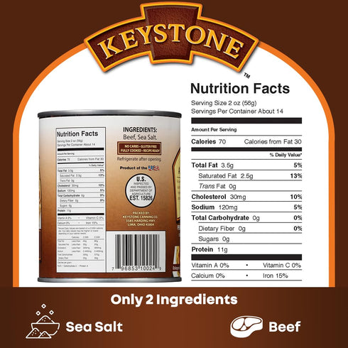 28 oz 5-Year Pack 3 Keystone Meats All Natural Heat and Serve Ground Beef Fully Cooked Canned Meat Ready to Eat Shelf