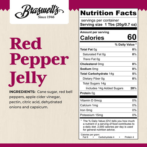 1946 (10.5oz) Braswells Gourmet Red Pepper Jelly Small-Batch, Renowned Specialty, Made in USA, Since