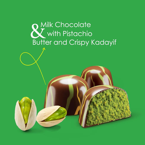 24 Count, 10.15 Oz Fiorella Dubai Chocolate Gift Box, Premium Gourmet Milk Chocolate with Pistachio, Butter & Crispy