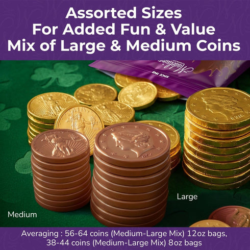 8 oz 60 Madelaine Gold Chocolate Coins - Individually Wrapped Easter Candy Basket Fillers - Assorted Sizes About Pieces