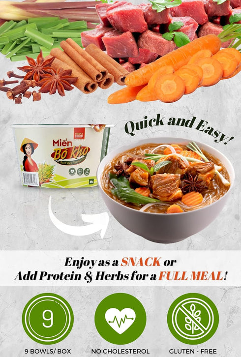 9 55g SIMPLY FOOD Instant Vietnamese Beef Stew Glass Noodles (Min B Kho T) - BOWLS/ each Delicious, Clear Glass