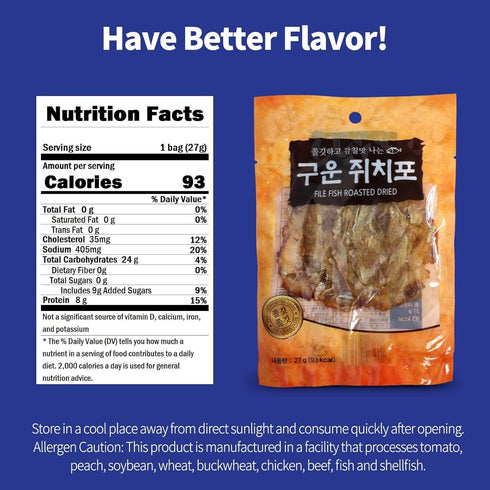27g 3 Packs 2.85oz) CUTIE MANGO Korean Roasted Dried Filefish Fillet x (Total K-Food Grilled File Fish Jerky Snack