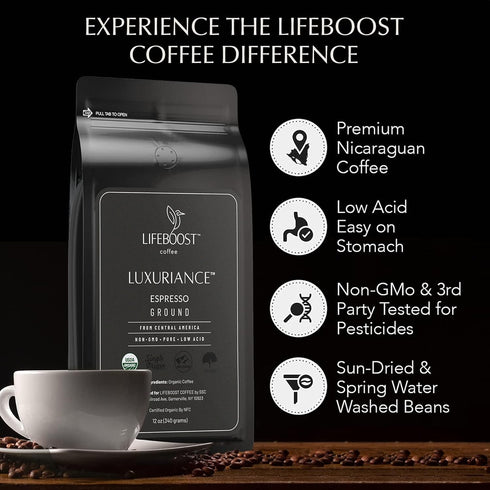 12oz Lifeboost Organic Espresso Ground Coffee - Non-GMO Low Acid Single Origin USDA Shade Grown Organic Espresso Coffee
