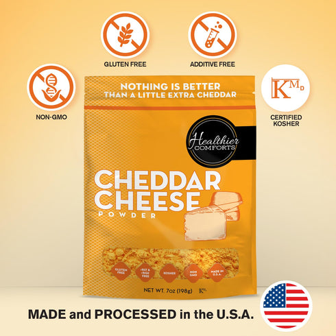 (7 oz) (7 oz) Healthier Comforts Cheddar Cheese Powder | Premium Yellow Cheddar | Batch Tested Gluten Free, Kosher, No