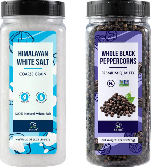 Soeos Himalayan White Salt 20 Oz + Whole Black Peppercorns 9.5 Oz,