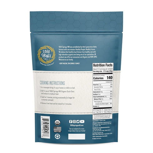 1000 16oz (Pack 1) Springs Mill - Organic Quick Oats | Used for breakfast Oatmeal, Muffins, Granola Bars, Cookies