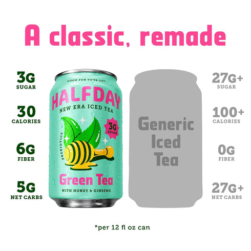 12 Oz Halfday, Prebiotic Green Tea With Honey & Ginseng, Fl Can