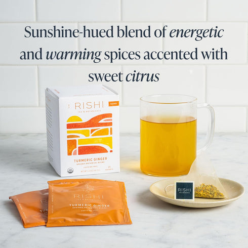 15 Count (Pack 1) Rishi Tea Turmeric Ginger Herbal Tea - Organic Sachet Bags, Caffeine Free Blend with Spicy Ginger