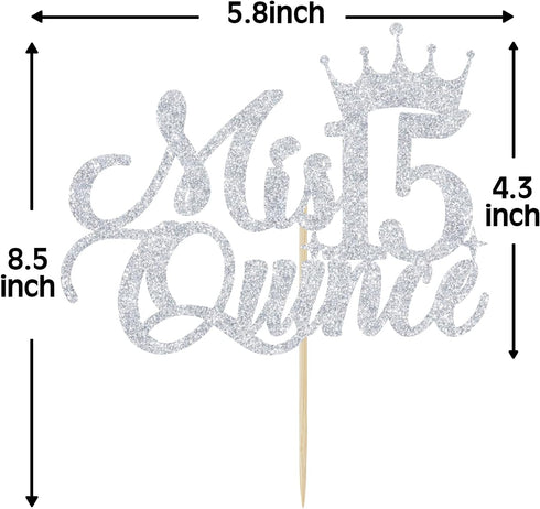 Mis Quince 15 Cake Topper, Cheers to 15 Years, 15th Birthday Cake Decor, Happy 15th Birthday Decorations Silver Glitter