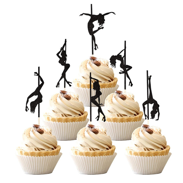 36 PCS Pole Dance Girl Cupcake Toppers - Black Glitter Picks for Bachelorette, Bridal Shower, Birthday Party