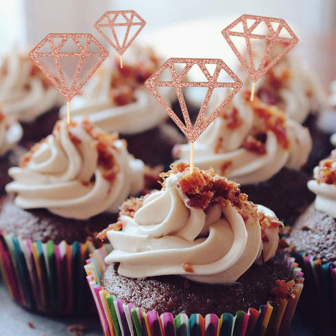 50 Pack Rose Gold Glitter Diamond Donut Ring Cupcake Topper Picks for Engagement Bridal Shower Party Decorations