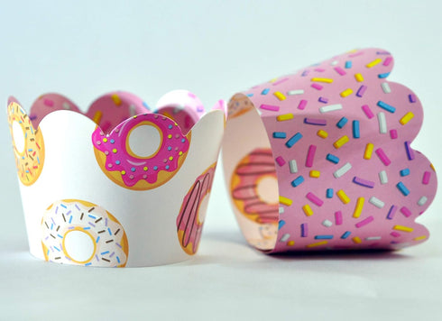 Donut Grow Up Doughnut Cupcake Wrappers for Kids Birthday Party Supplies, Set of 24 Reversible Scalloped