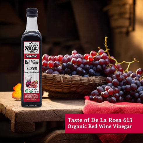 16.9 Oz (Pack 1) De La Rosa Organic Red Wine Vinegar, Raw & Unfiltered, Kosher for Passover, Vegan, Non-GMO & Gluten