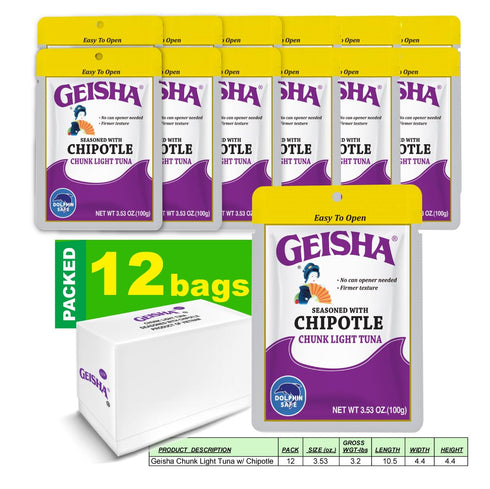 3.53oz (Pack 12), GEISHA Chunk Light Tuna Seasoned with Chipotle Sauce of Tuna| HALAL & Kosher Certified Gluten Free