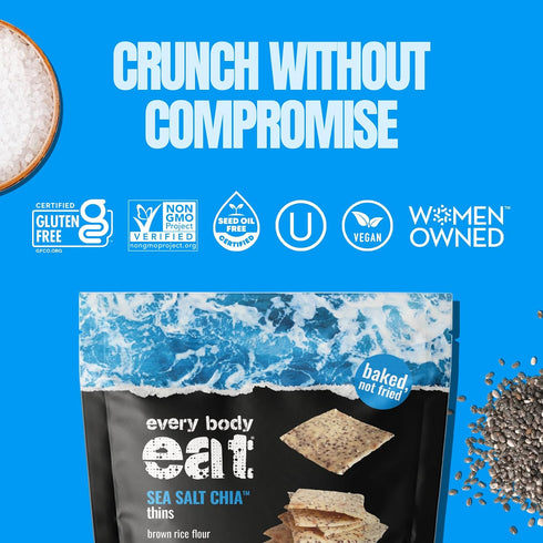 4oz Every Body Eat Snack Cracker Thins, Sea Salt Chia - Gluten Free, Vegan, Dairy Free, and Seed Oil Free