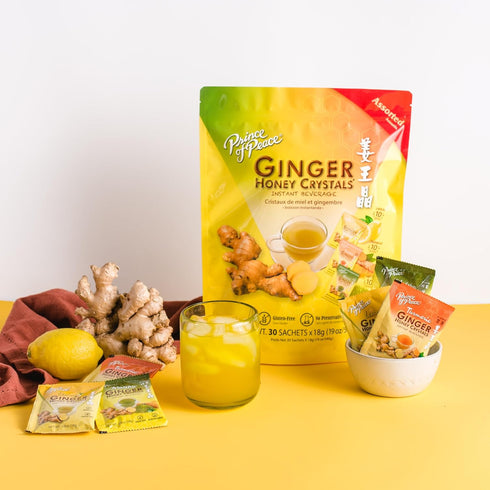 30 pack 2 Prince of Peace Instant Ginger Honey Crystals Assorted (Lemon, Turmeric, Matcha), Sachets - of Instant Hot