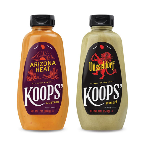 Koops' Dusseldorf & Arizona Heat Mustard - German-Style Bratwurst Mustard, Sweet and