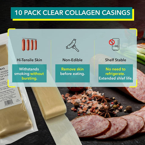 60mm 10 Pack, 2 3/8" 24 1.3 Lbs The Sausage Maker Clear Collagen Casings For Sausage Making - Non-Edible Casing