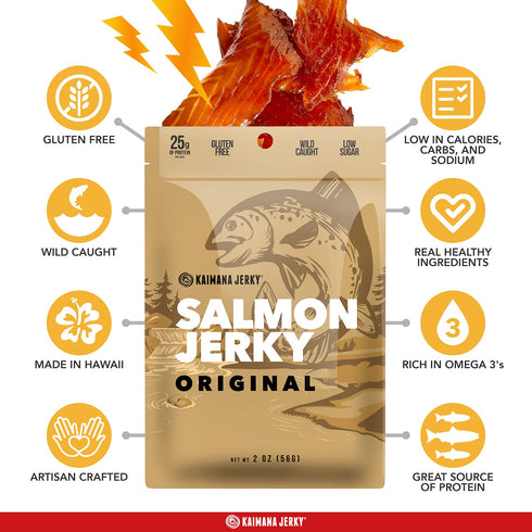 Omega-3 2oz Pack Kaimana Jerky Wild Caught Salmon Jerky - Organic Gourmet Smoked Dried Fish Strips Rich in & Protein