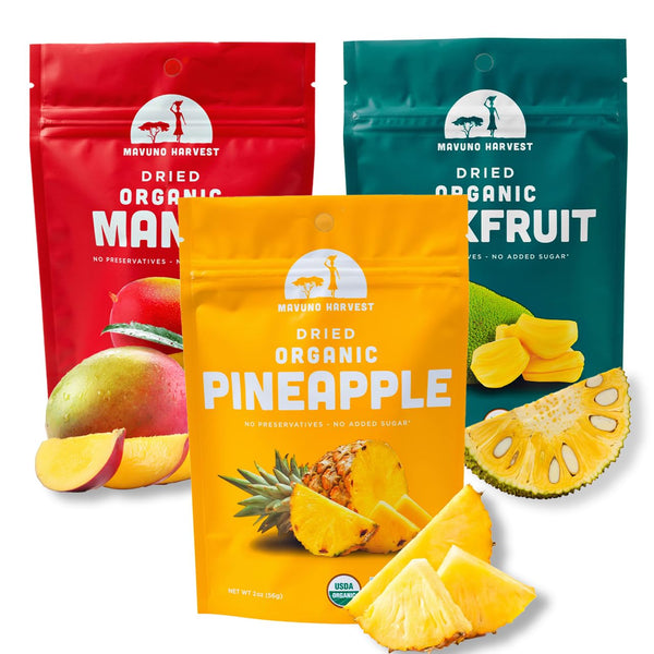 Mavuno Harvest Organic Dried Fruit Variety Pack - Dried Mango, Pineapple, Jackfruit, Healthy Vegan Snacks, 2 Ounce,