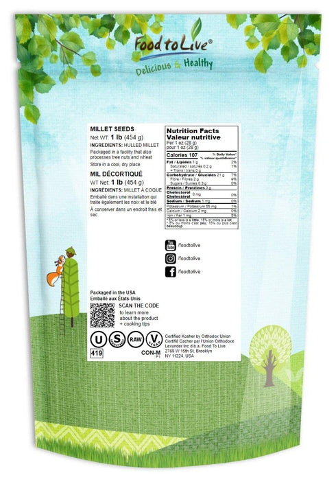 1 Food to Live Hulled Millet, Pound Whole Grain Seeds, Kosher, Raw, Bulk