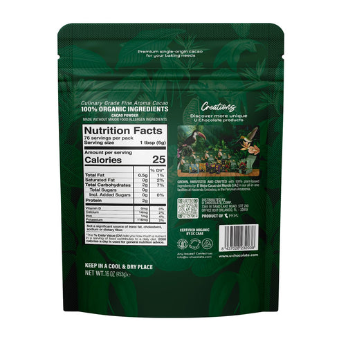 (1 (16 oz)) U Chocolate Organic Cacao Powder - Natural - Fresh From our Farm bag