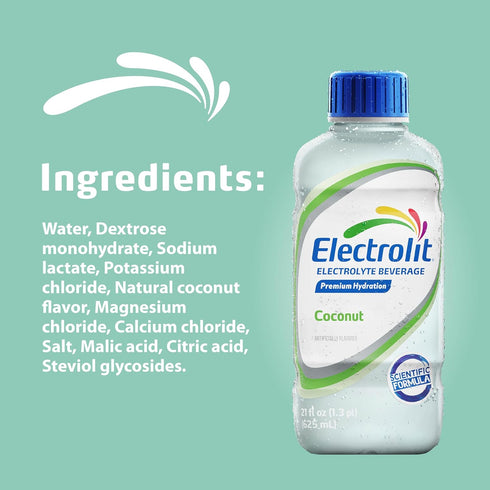 21 Oz (Pack 12) Electrolit, Electrolyte Beverage, Coconut, Fl bottle