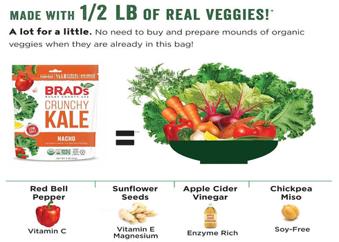 Brad's Plant Based 3 6 Organic Crunchy Kale, Nacho, Bags, Servings Total