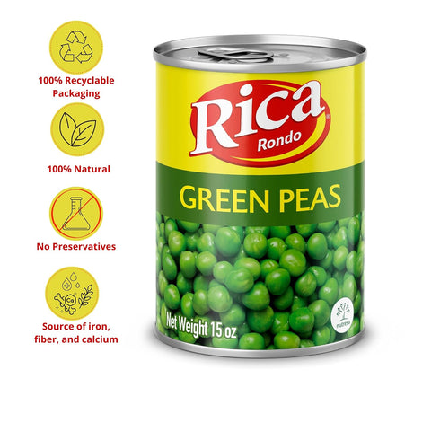 15 oz (Pack 12) Rica Rondo Green Peas, Canned Vegetables, Can