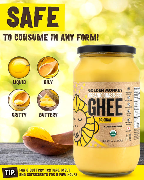 (32oz) GOLDEN MONKEY Organic Ghee Butter Grass Fed Clarified Butter for Cooking, Baking, Keto & Gut Health Ghee Butter